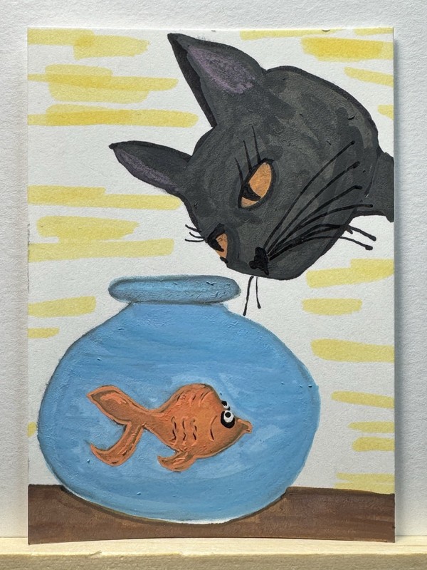 ACEO Original Hand-Painted Acrylic Painting 2.5 x 3.5 Cat With A Fish Art Card