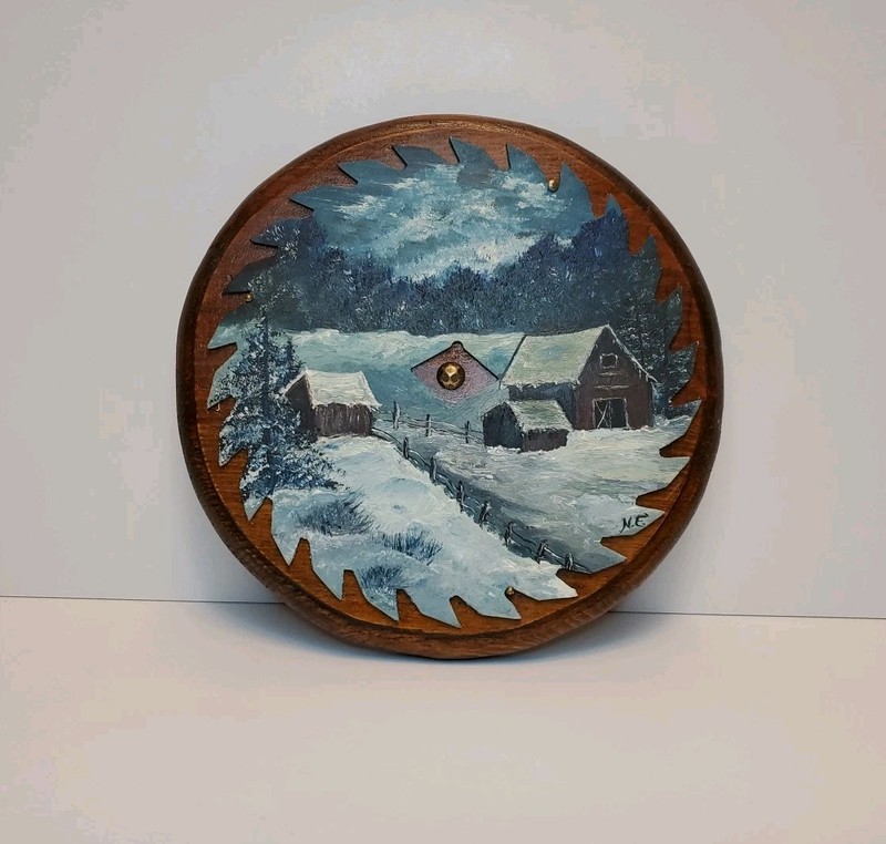Vintage Hand Painted 7.5 in Saw Blade Mounted on 9 X 9 inch Round Wood Plaque gallery