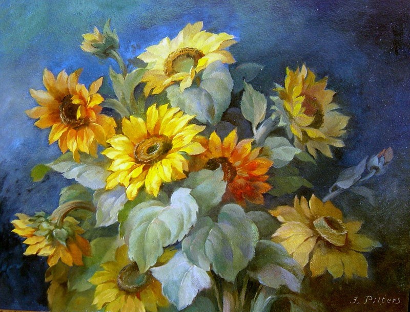 Joseph Pilters 1877 Krefeld / bedeutender Blumenmaler / Stillleben (Sonnenblume)
