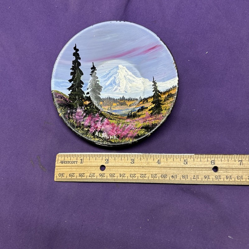 Vintage Landscape in Alaska Mt. Redoubt Oil Painting on Tin Pan 4 7/8”