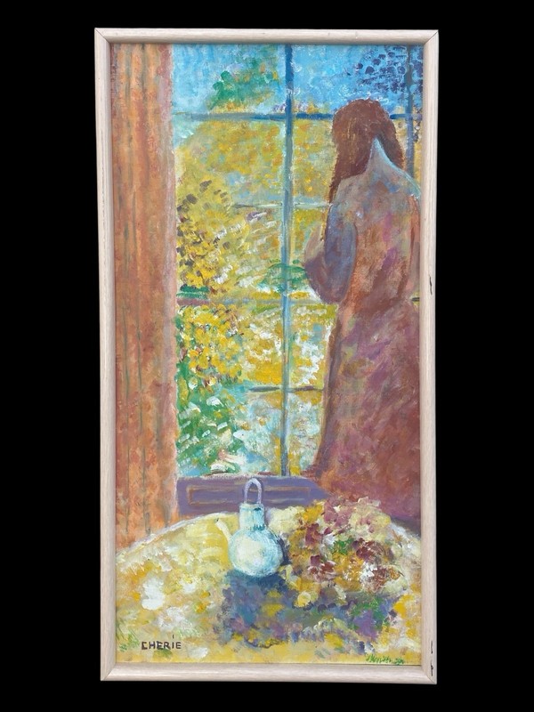 Signed Cherie Oil Painting on Canvas Contemplative Woman Looking Out Window gallery