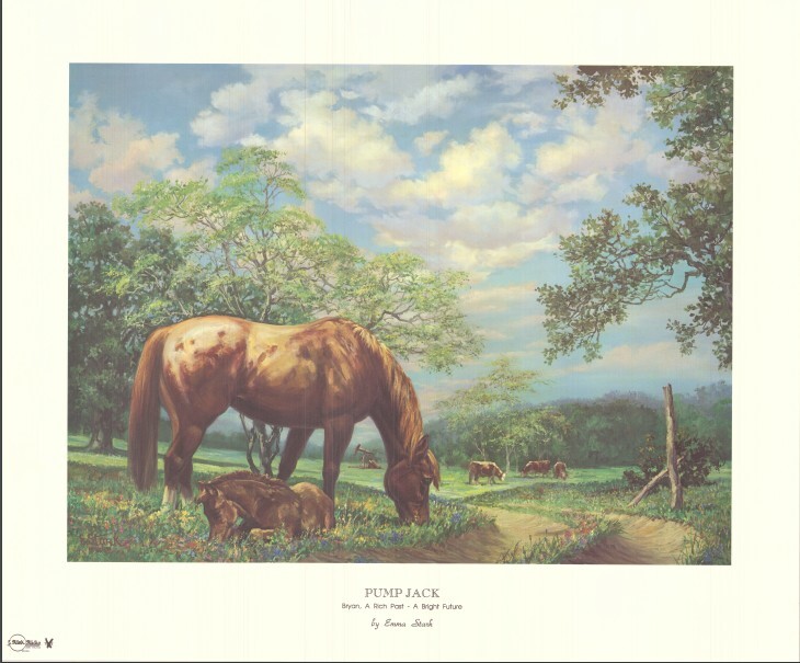 Western Ranch Landscape – watercolor print- horses cattle grazing Texas farm