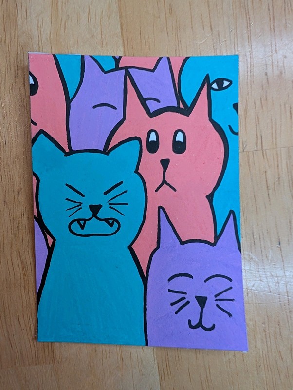 ACEO Original Painting Pop Art Cats Acrylic On Paper 2.5×3.5, by S. Slider