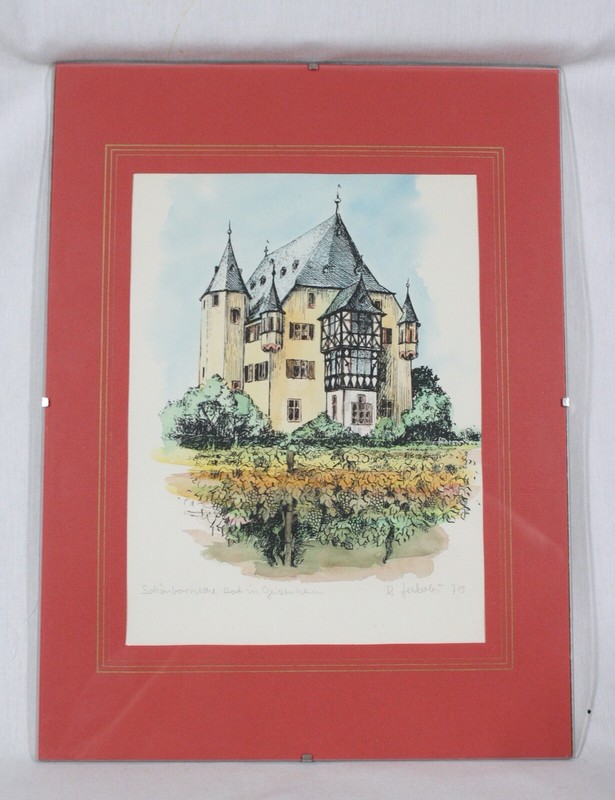 SIGNED ORIGINAL ART «Schoenborn Palace in Geisenheim» 1975 IN FRAMELESS GLASS