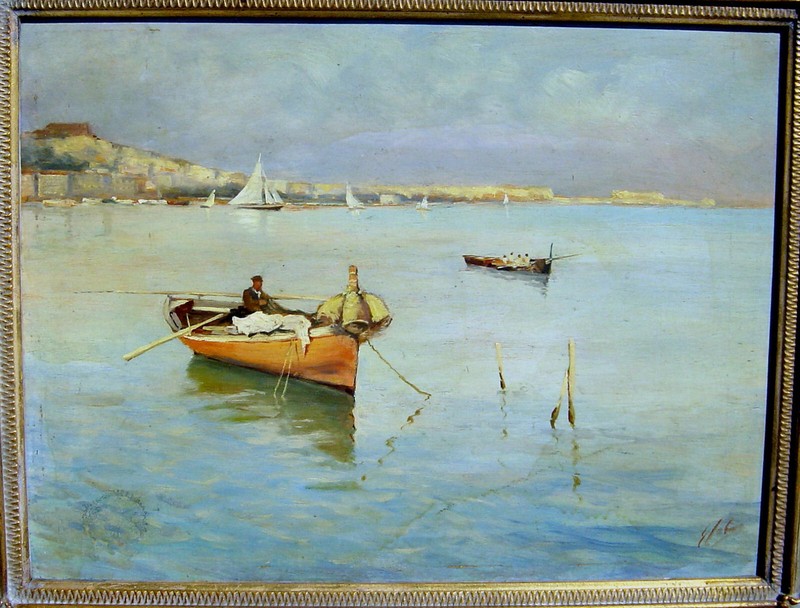Coastal landscape with boats before Naples / paintings, signed Cabone? / um1940