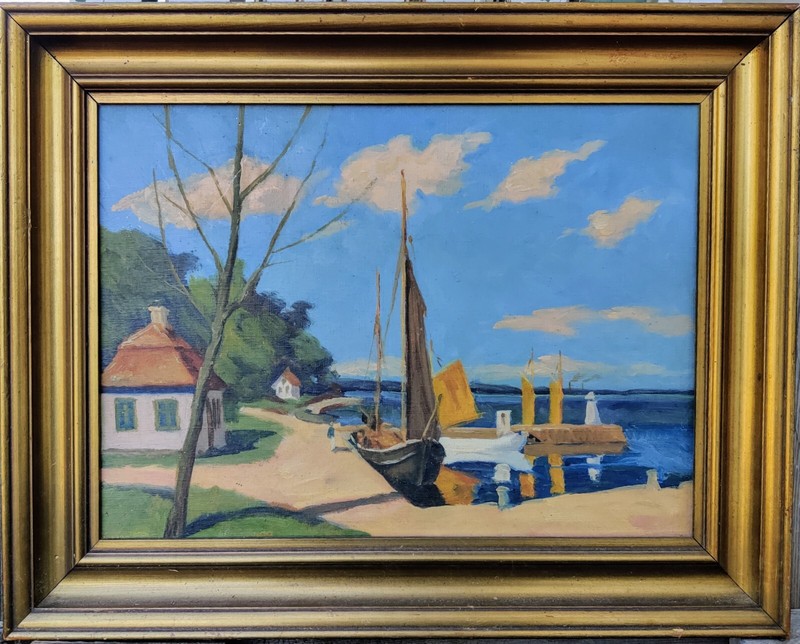 COASTAL LANDSCAPE WITH SAILBOAT, original oil painting
