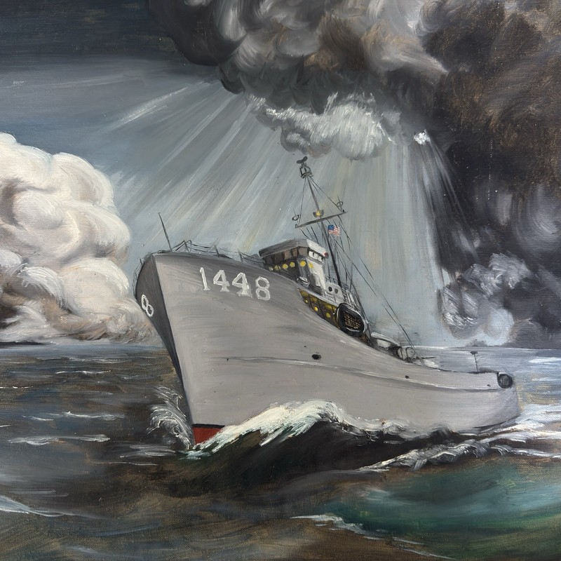 Vintage 1951 Signed Roberts Oil Painting Coast Guard Cutter Ship 1448 Seascape