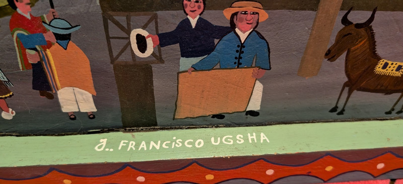 J. Francisco Ugsha Tigua Ecuador Folk Art Painting Signed Large 14x20 gallery