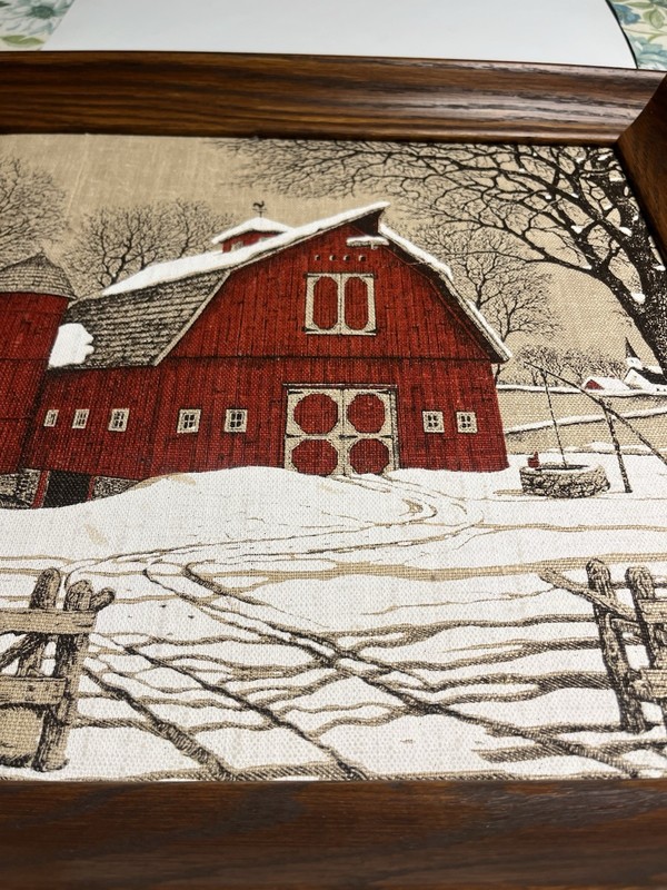 Hand Printed Red Barn Snow Linen Framed Wall Art. 16” gallery