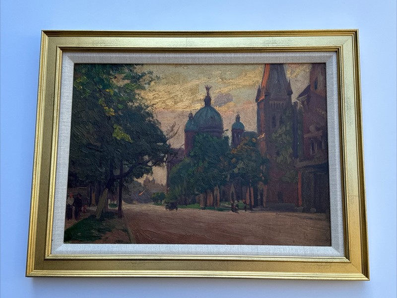 PAINTING IMPRESSIONIST LANDSCAPE SUNSET EVENING CITY STREET SCENE 1920’S OIL