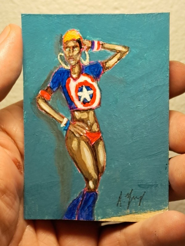 aceo art card acrylic ink «sexy Model/Captain America Limit 1/1 signed