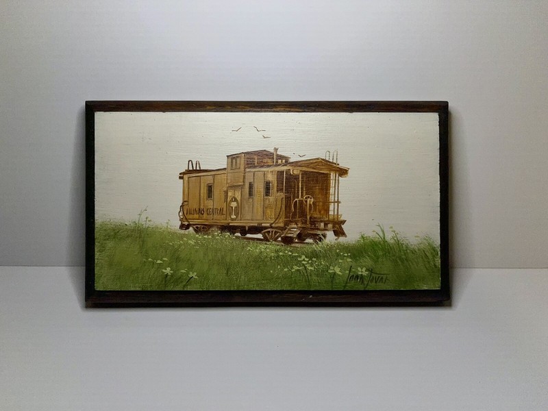 Joan Tovar Train Caboose Prairie Painting on Wood Block Hand Painted 9” x 5”