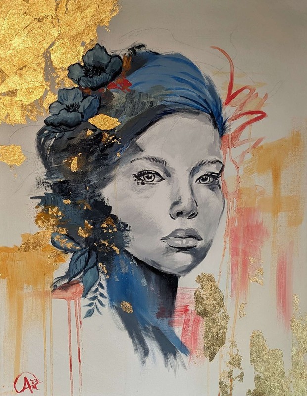Woman’s Gaze – oil painting original 22×28 W/ Gold leaf
