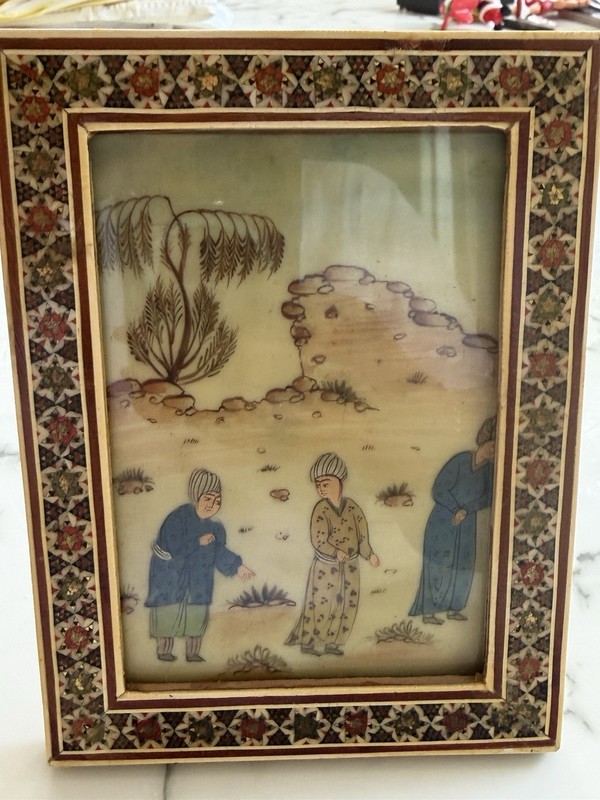 Vintage Persian Khatam Kari Miniature Painting Inlaid Mosaic Frame 5.5” gallery