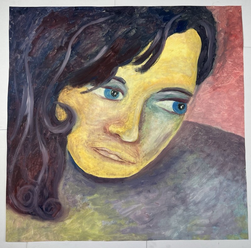 Expressionist Painting 22×22″ Portrait Of Woman w/ Blue Eyes Outside Moody Art