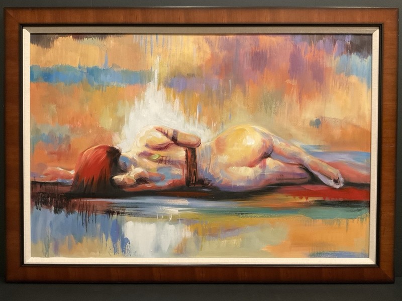 Vintage Framed Abstract Figurative Acrylic Painting on Canvas