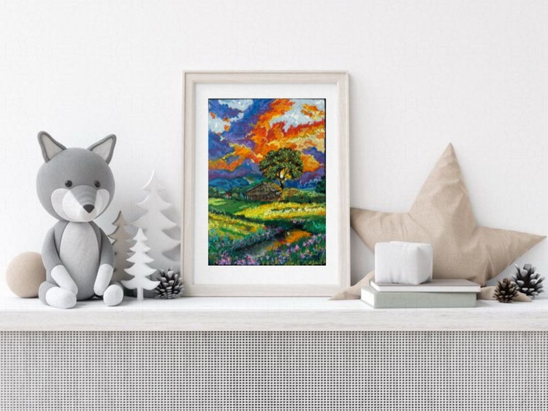 Abstract Landscape Original Art House in the Field Wall Art Oil Pastels Sunset gallery