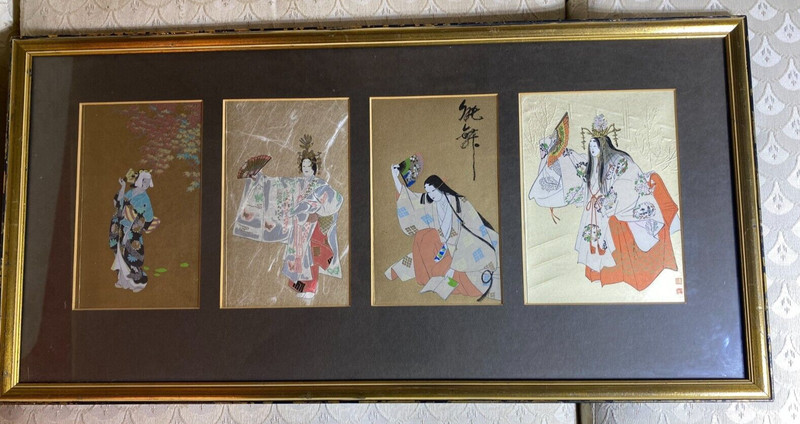 Vintage «4 Japanese Female Scene» Mixed Media Painting – Character Signed/Framed