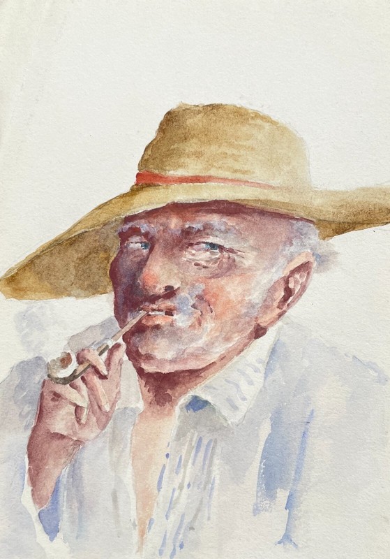 Watercolor, Portrait of Man With Hat Smoking A Pipe, Early 20th Century