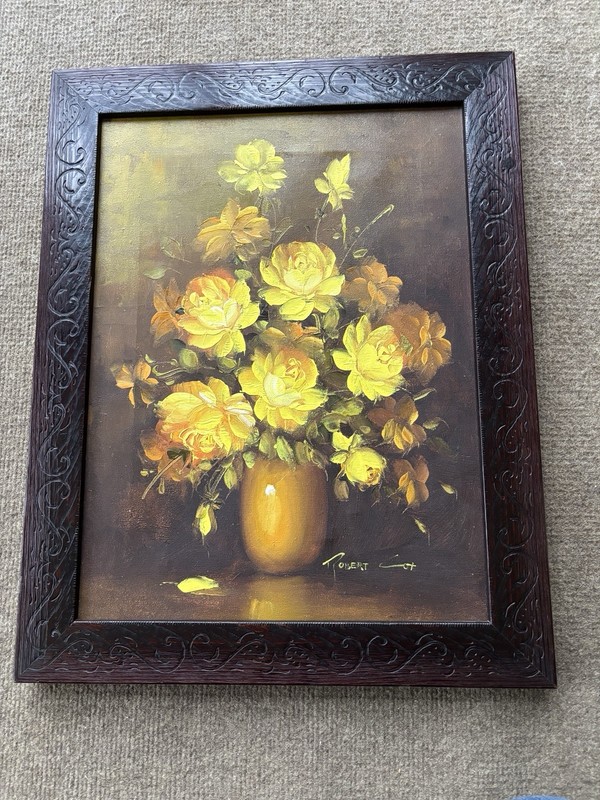 Vintage Yellow Roses Signed Oil Painting Robert Cox Framed Floral Mid Century