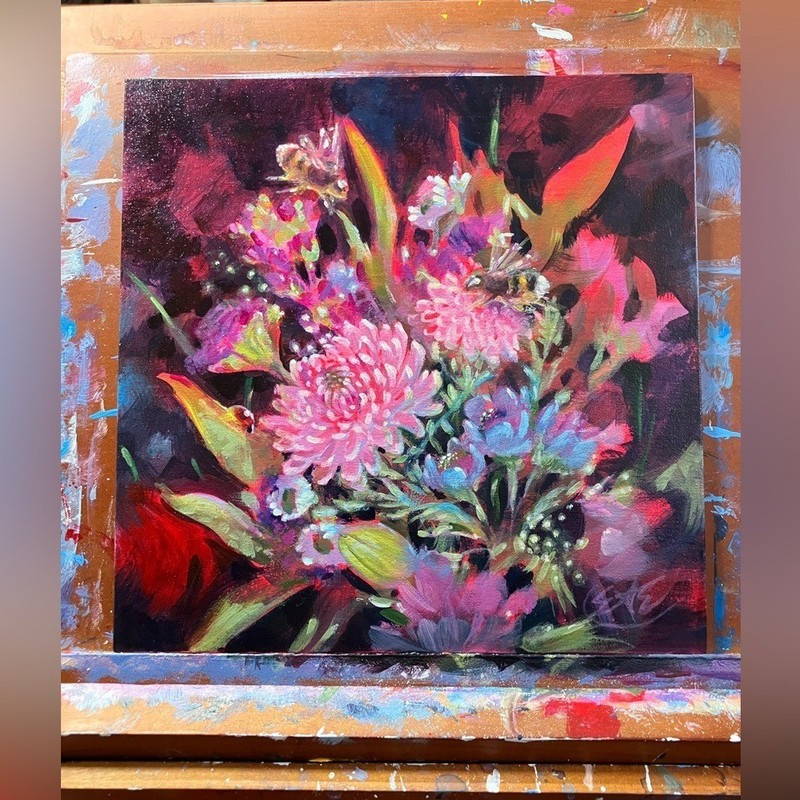 Original Bumblebee bouquet painting floral still life surreal nouveau flowers gallery