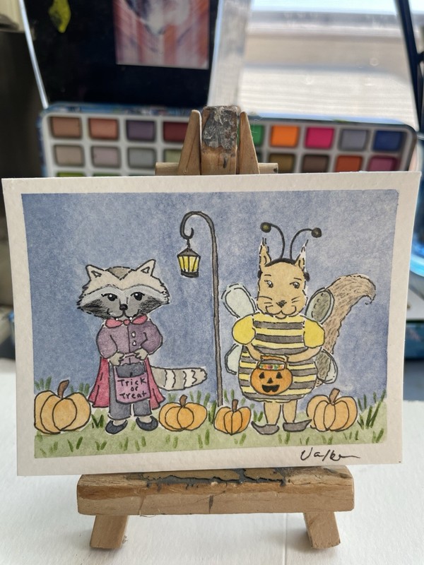 ACEO Raccoon Vampire & Squirrel Bee Trick Or Treat Halloween Painting ATC Card