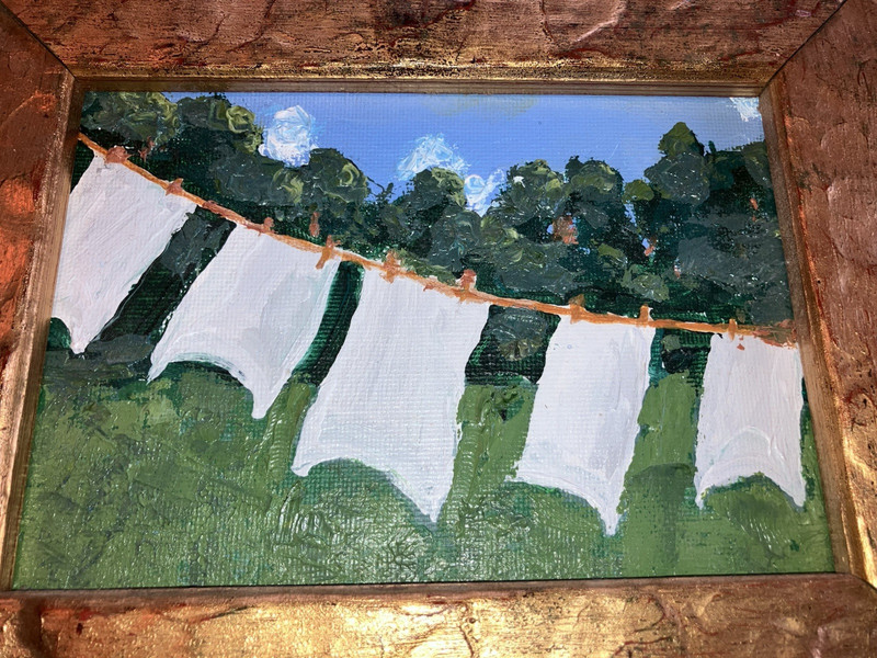 Original Signed oil painting7 x 5 in Gold Frame 91/2 x 11 1/2 Laundry Out to Dry gallery