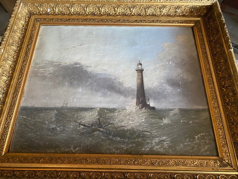 19th C Original Lighthouse Scene Oil On Canvas George Clarkson Stanfield Artist