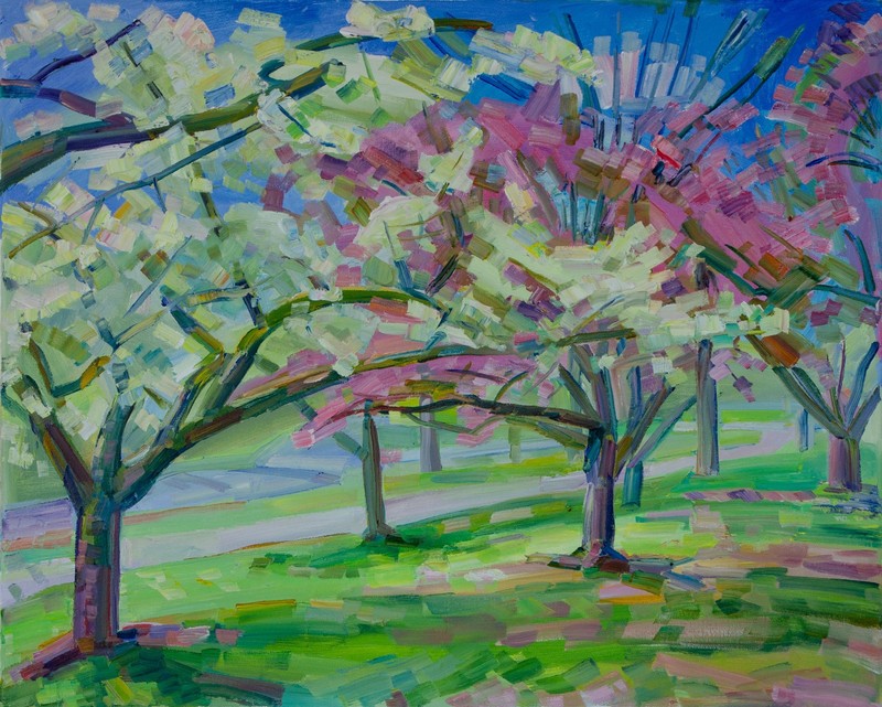 Two color Blossom Cherry Landscape – Oil Painting by Nikolay Budylin, Signed Art