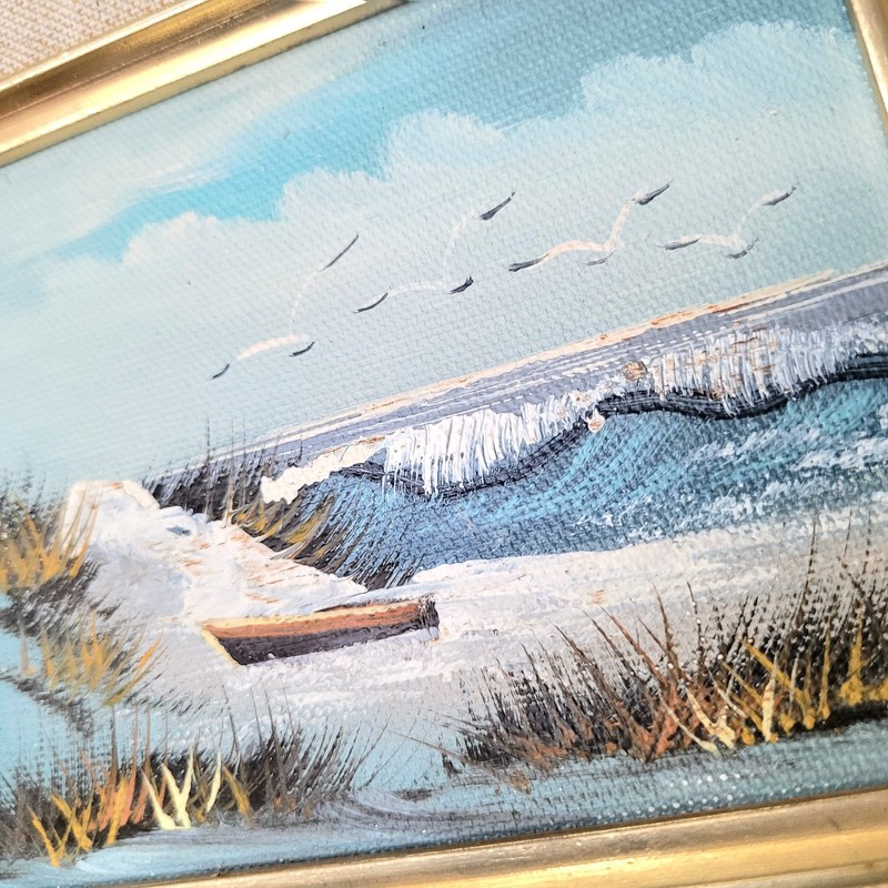 Vtg Seaside Beach Birds Seagull Classy Gold Gild 8x9 Frame Oil Painting gallery