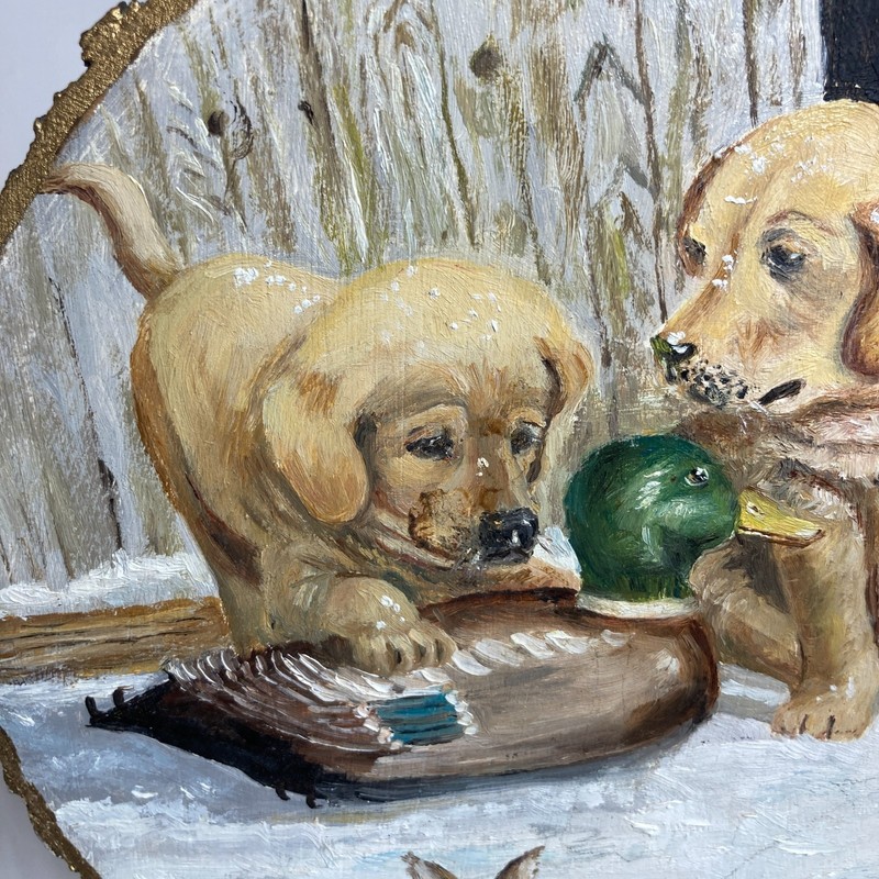 Hand Painted Golden Retriever Puppies Winter Painting On Log Wood Art G Lawrence gallery