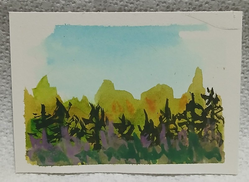 OOAK Fauvist Horizon ACEO — Conifers & Distant Light by Virginia Watercolor