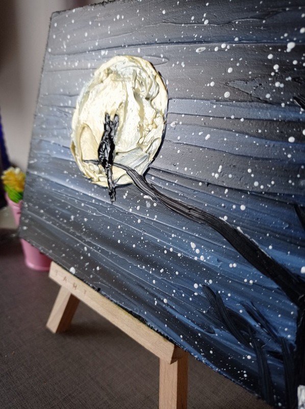 Original Art Moon Cat Tree Branch Night Oil Painting Landscape Dawn 5 x 7" gallery