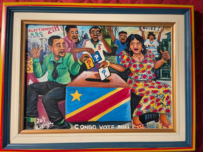 JP Kiangu Arfican listed artist painting "Congo Vote 2011" acrylic on canvas gallery