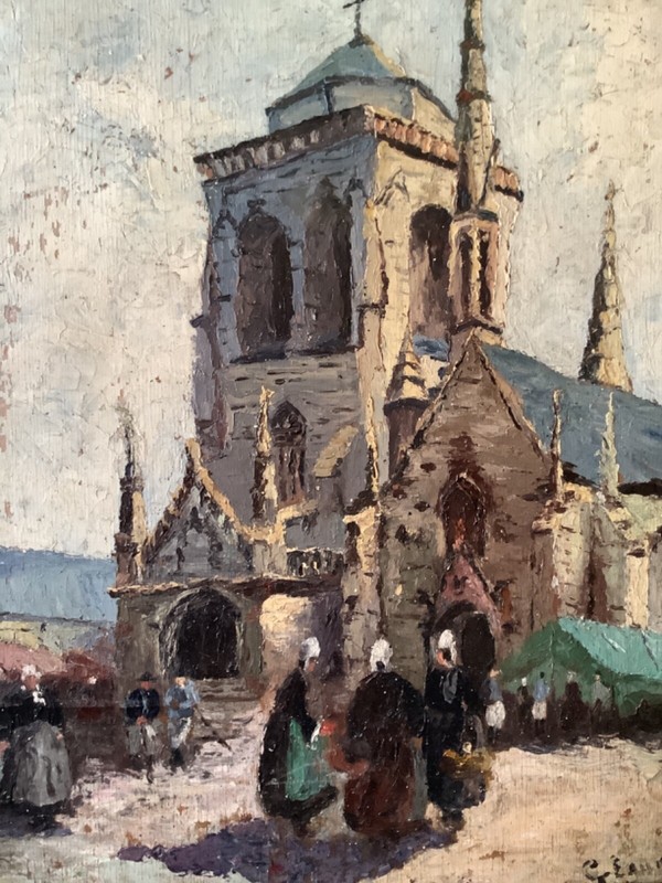 ANTIQUE IMPRESSIONISM BRETON WOMEN IN FRONT OF THE CHURCH FRENCH OIL PAINTING