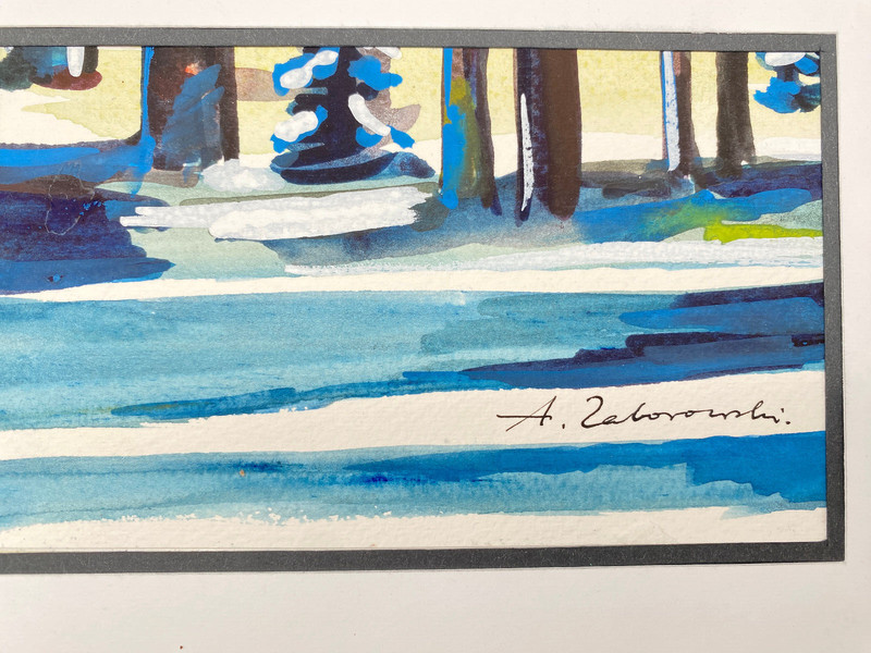 ANTONI ZABOROWSKI *1939 WATERCOLOUR DRAWING FOREST SNOW POLAND SIGNED 21x15 cm