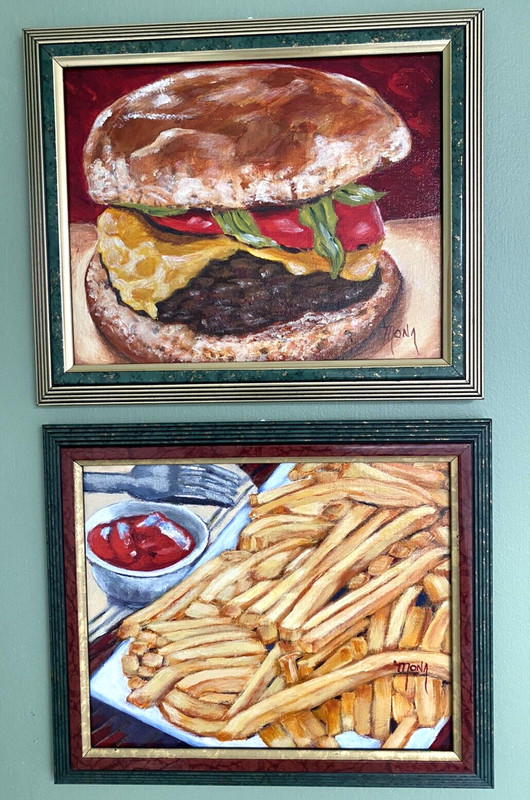 CHEESEBURGER & FRENCH FRIES, Art by Mona, Acrylic Paintings, 8″x10″, NOT A PRINT