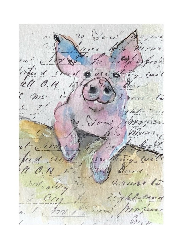 ACEO Original Watercolour Painting by Kenna Pig Portrait 2.5” X 3.5” ÀTC