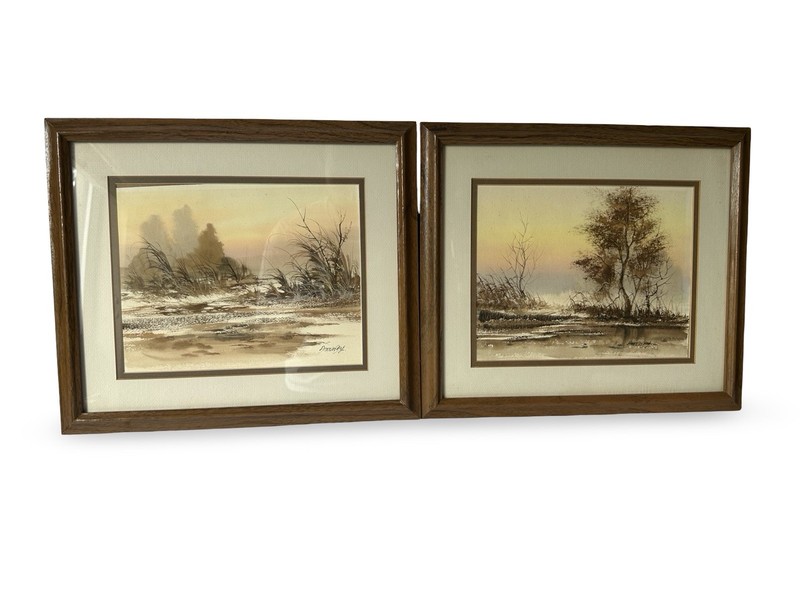 Vintage Seascape At Dusk Watercolors Pair Signed Amunay