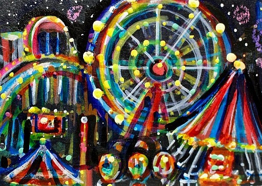 ORIGINAL ACEO Painting CARNIVAL Fair Amusement Park Fireworks Rides Fun ATC ART