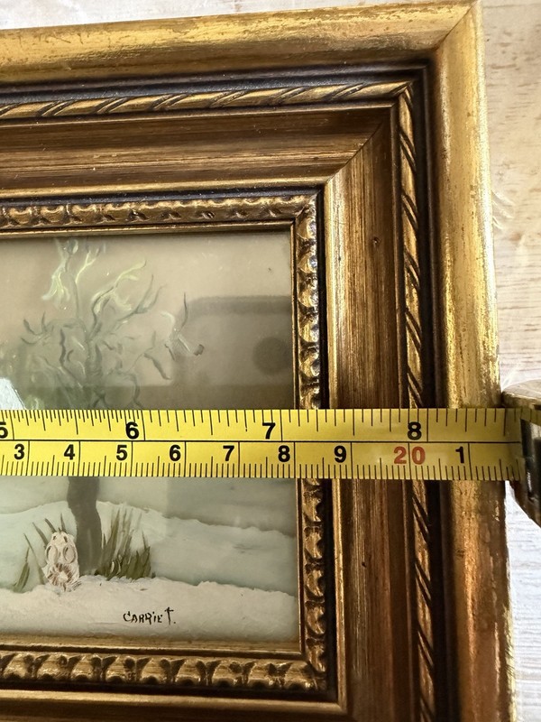 Vintage Reverse Painted Glass Winter Church Scene 3D Art Signed Carrie T Framed gallery