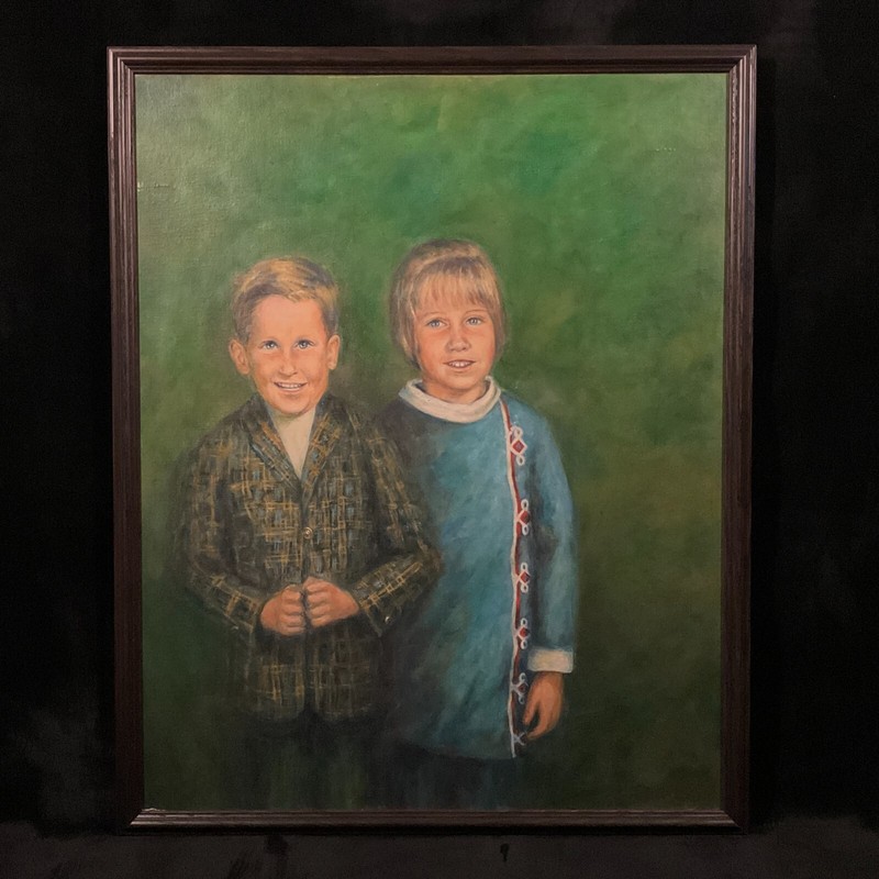 Antique Framed Original Portrait Oil on Board «Belgian Siblings», By Schumacher