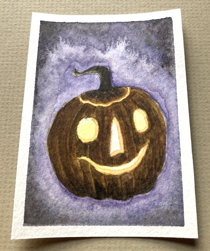 ACEO Original Watercolor Halloween Jack-o’-Lantern Artist Signed Mini Painting