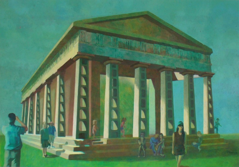 «Electric Temple» Large Figurative Original Oil Painting on Canvas