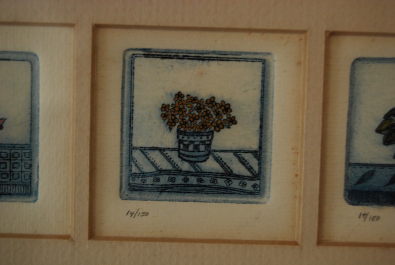 VTG FRAMED 3 MINIATURE SIGNED SARAH RISHEL COLORED ETCHING POTTED FLOWER PLANTS gallery