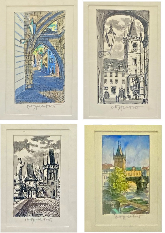 FOUR MINIATURE CZECH PAINTINGS, PRAGUE & OTHER, WOOD FRAMED/GLASS, SIGNED vg
