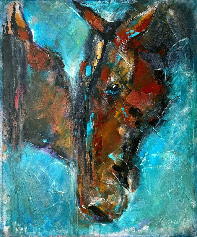 Horses Duo Original Impressionist Oil Painting Signed Handpainted 24″ x 20″