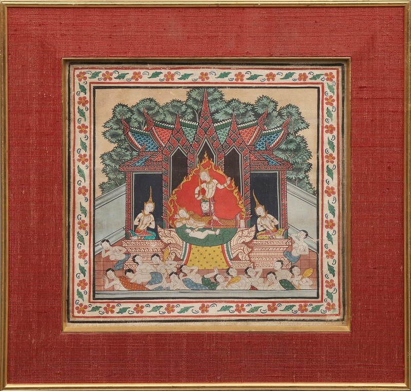 Superb Antique Luxurious Thai Watercolor & Ink «Birth of Prince Siddhattha»