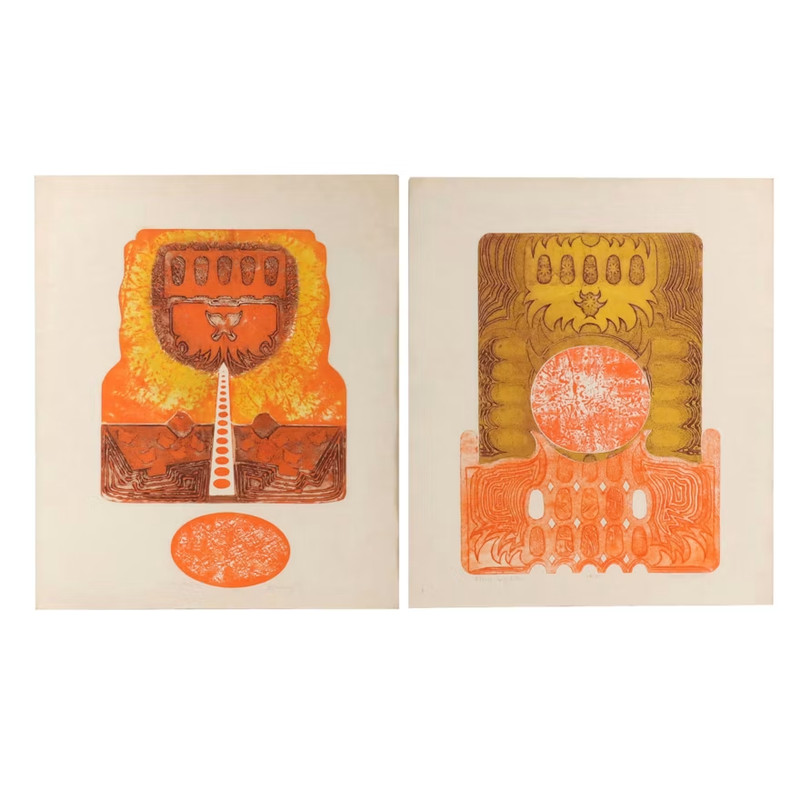 Pair of Vintage Abstract Anita Klebanoff Signed Collographs
