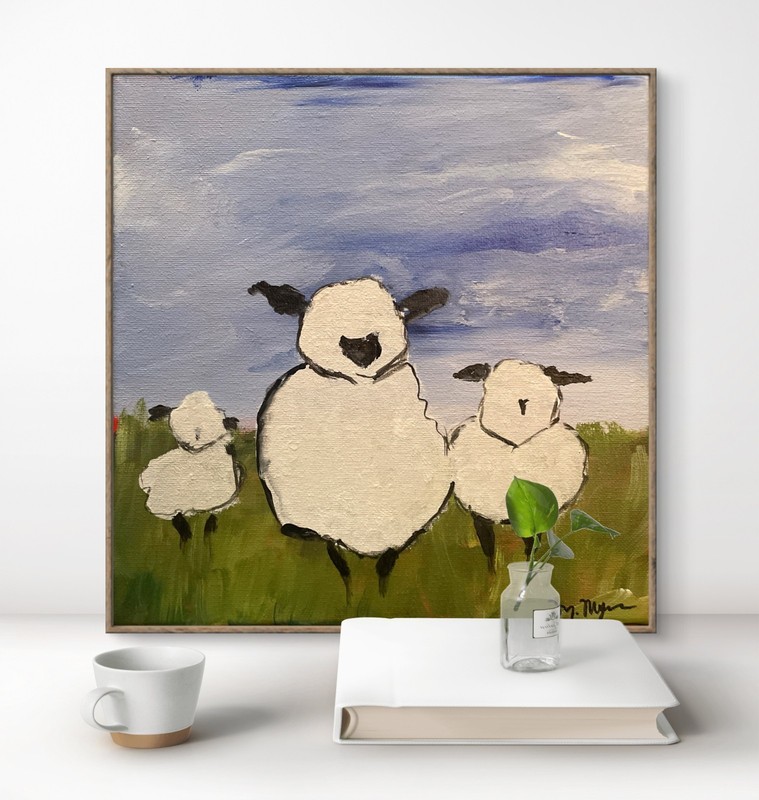 Original Sheep Field Acrylic Painting 10x10 Canvas Signed Whimsical Expressionis gallery